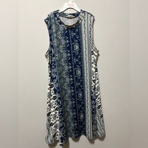 Pink Rose Blue and White Sleeveless Patterned Dress